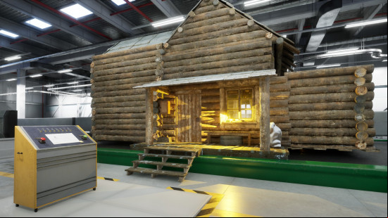 A wooden cabin sits inside a factory in The Cabin Factory, one of the best horror games.