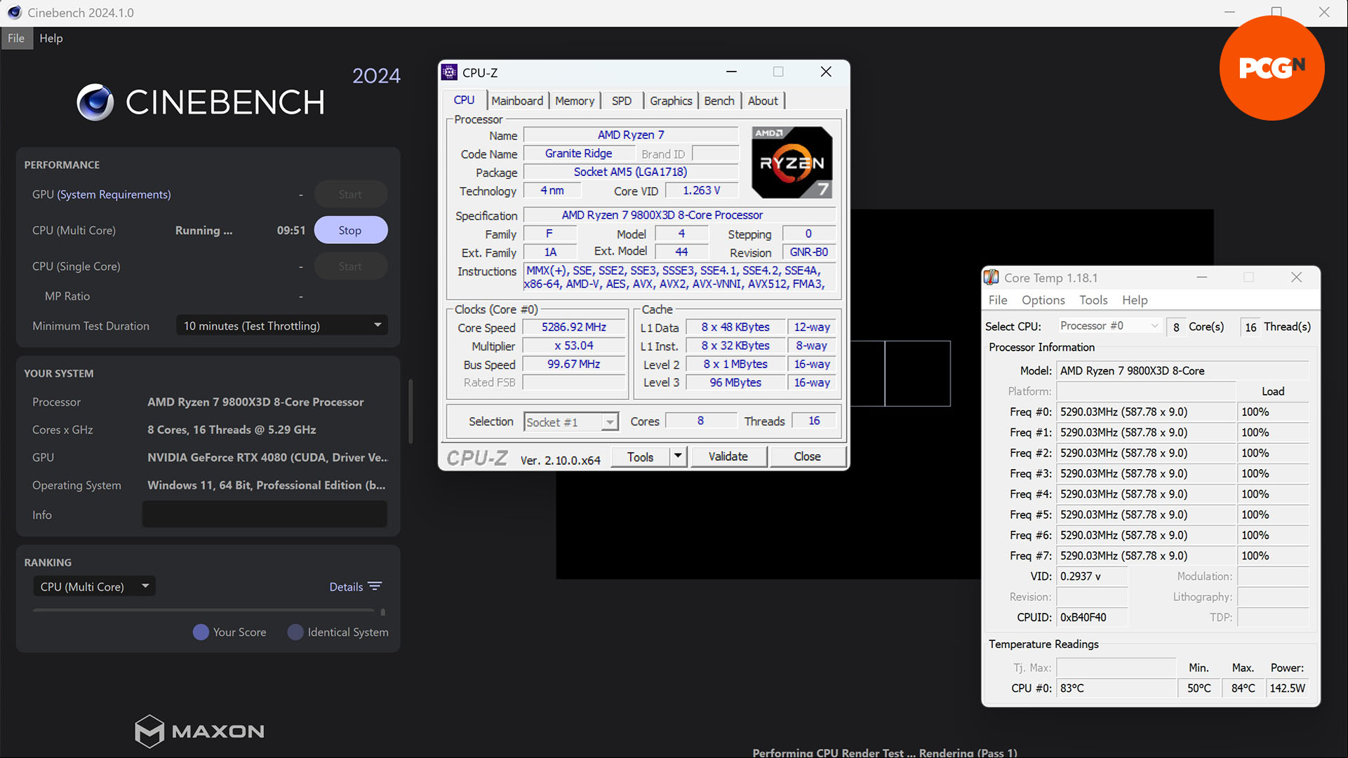 How to overclock the AMD Ryzen 7 9800X3D: Stress test with Cinebench R24, and monitor your U with U-Z and CoreTemp.