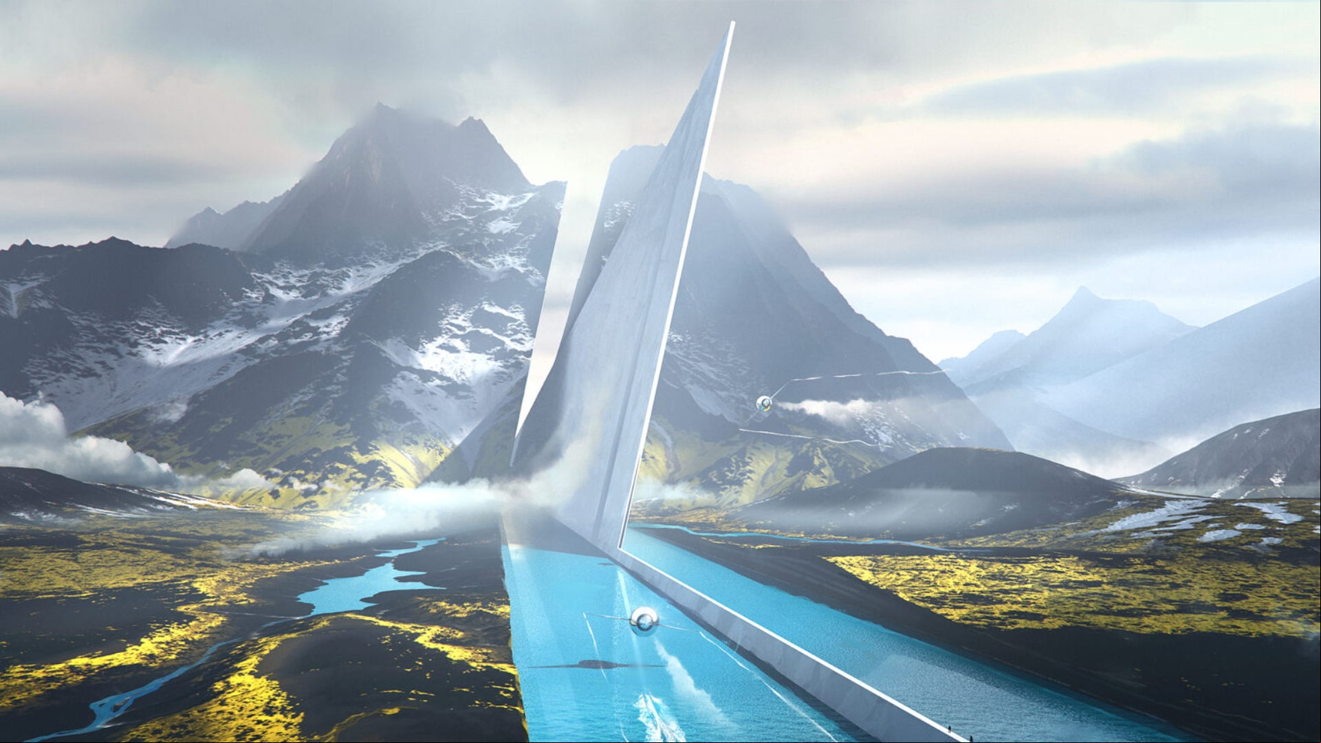 Humanoid Origin: Concept art showing a small orb-like spaceship shooting along a waterway infront of a towering metal structure