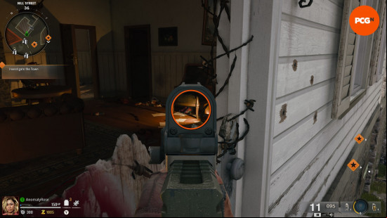 The player aims down sights on a pair of bowling shoes in the front room of the house on Hill Street, part of the BO6 Liberty Falls bowling alley easter egg.