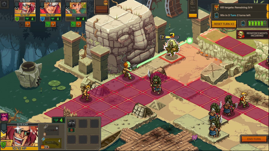 Turn-based combat occurs on a wide battlefield.
