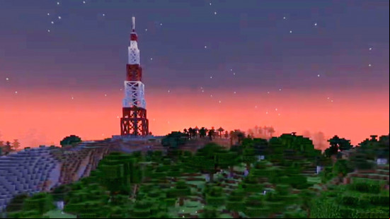 A Minecraft radio tower on the horizon as the sun sets behind it.