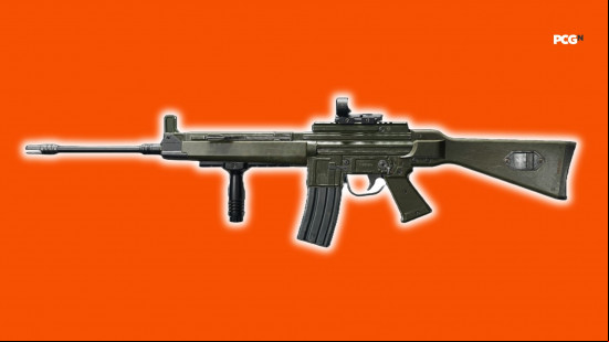 Best Black Ops 6 loadouts: an assault rifle with a glowing white outline on an orange background.