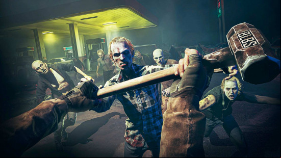 No More Room in Hell 2 Reinforcement update: A gameplay screenshot showing the player blocking a lunging zombie with a hammer at a gas station.
