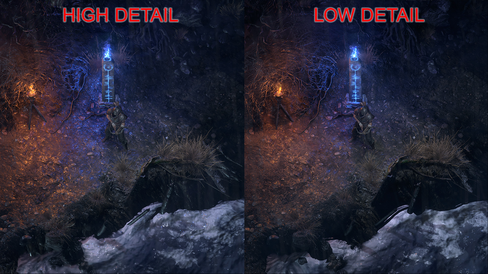 path of exile 2 detail settings comparison - all on high vs all on low at 4k zoomed in