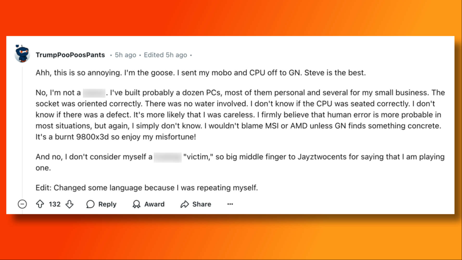 A Reddit comment updating s on the status of the burned out 9800X3D