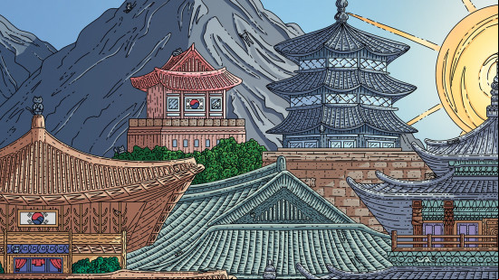 100 Cats, one of the best free PC games: A colorful hand-drawn image of a korean landscape, with hidden cats working into the drawing.