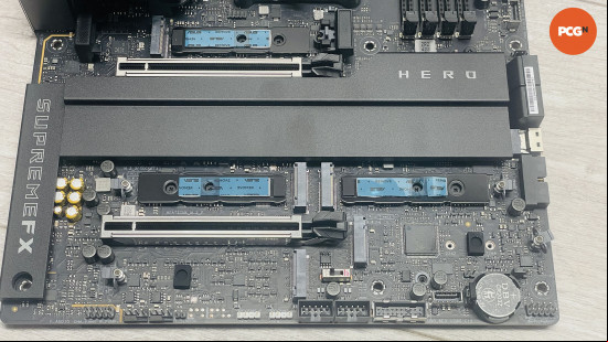 Asus ROG Crosshair X870E Hero review: M.2 SSD slots with thermal pads.