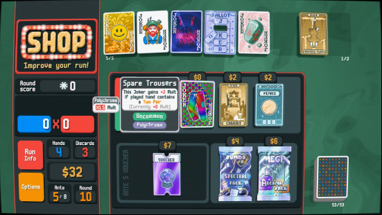 Favourite Balatro Jokers: a screen showing various special playing cards, with one called Spare Tros highlighted.