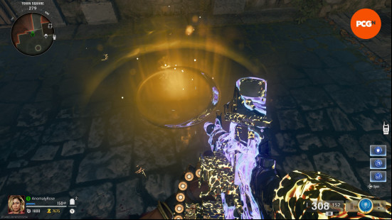 A golden glowing circle on the floor in the Black Ops 6 Zombies Citadelle des Morts main quest easter egg.