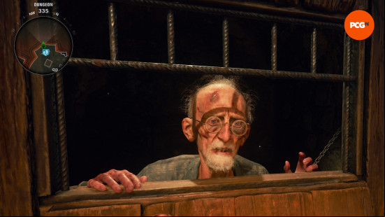 Professor Krafft,an old man in round glasses, looks through a hatch in a locked door in the Black Ops 6 Zombies Citadelle des Morts main quest easter egg. 