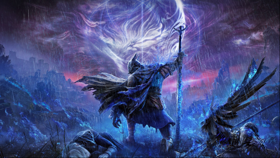 The Nightfarer crouches among their fallen allies as the blue light of Night's Tide swirls around them in Elden Ring Nightreign.