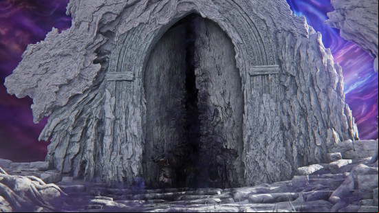 Elden Ring Nightreign release date estimate: The Nightfarer steps through an enormous stone door suspended in a portal of purple light.