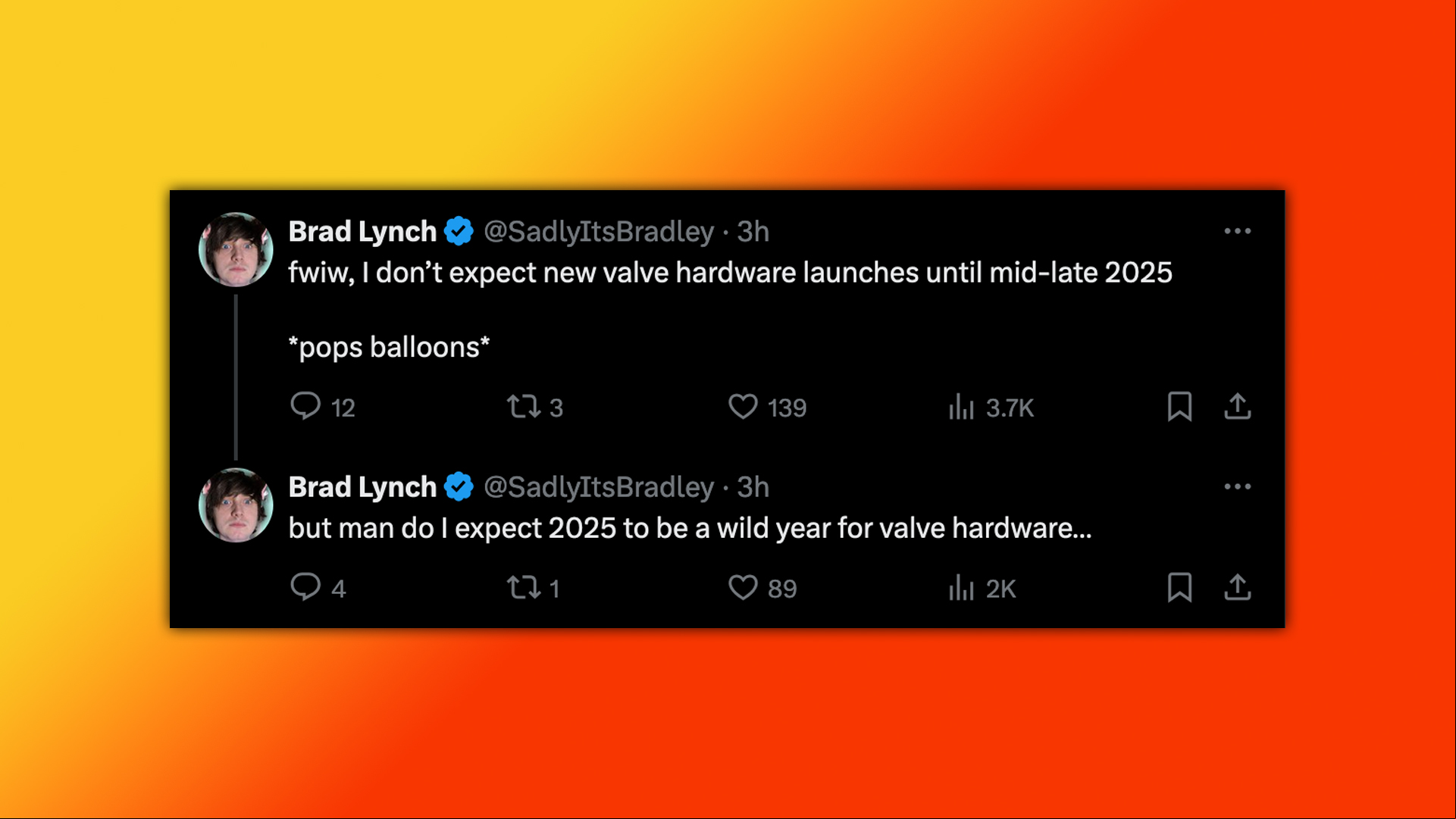brad lynch tweet about being excited for 2025 valve hardware
