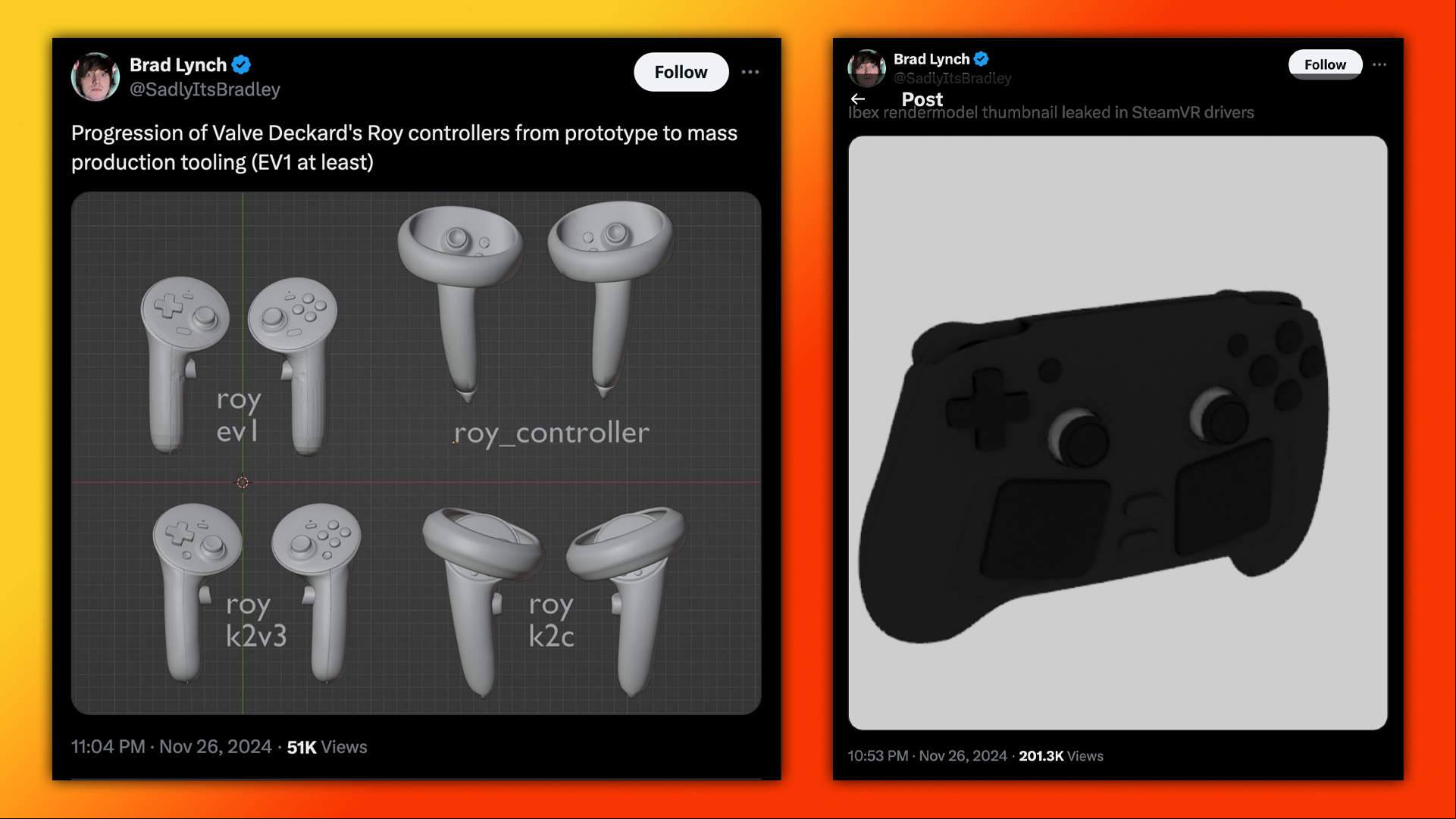 brad lynch tweets showing pictures of new steam controller and new roy controllers