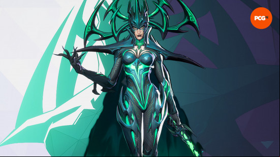 Marvel Rivals characters: an imposing female wearing a teal and black body suit and a large, spiked crown.