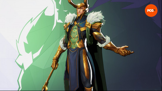 Marvel Rivals characters: a man wearing a gold armored suit, with a spiked circlet, holding a staff.