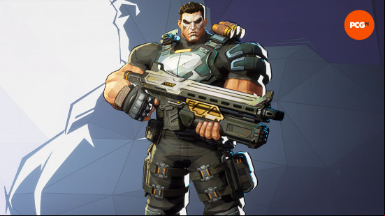 Marvel Rivals characters: a bulky male soldier type holding a large gun.