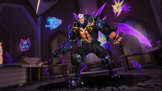 Overwatch 2 tier list: a man wearing a dark purple jacket, he has spikes protruding from his back.