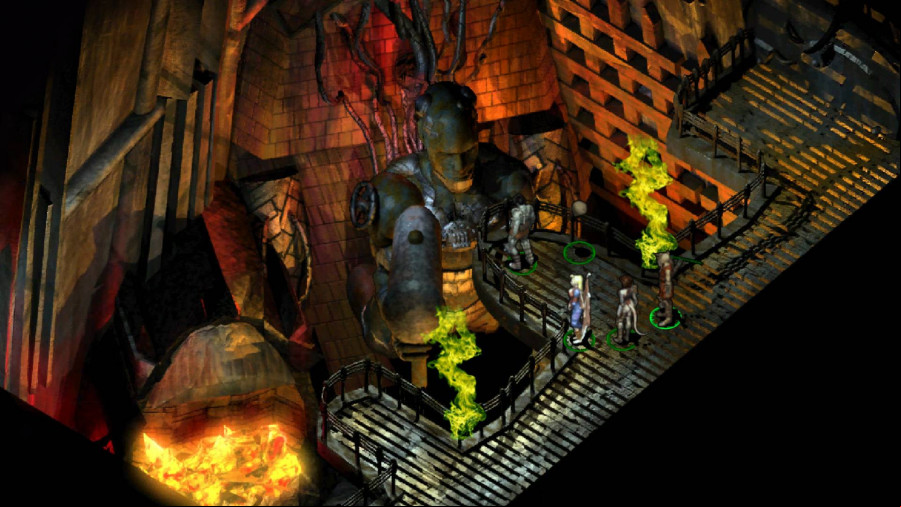 An image of fantasy characters standing in front of a hulking metal statue in an underground forge area