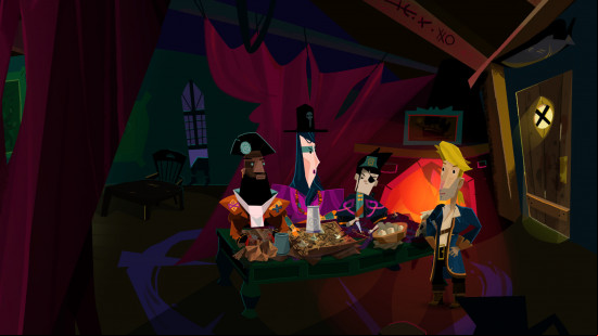 An image of cartoon characters from Return to Monkey island sitting at desk in a pirate ship