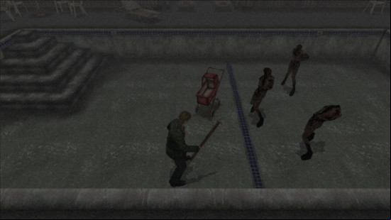 James fighting several monsters in a pool in the original Silent Hill 2