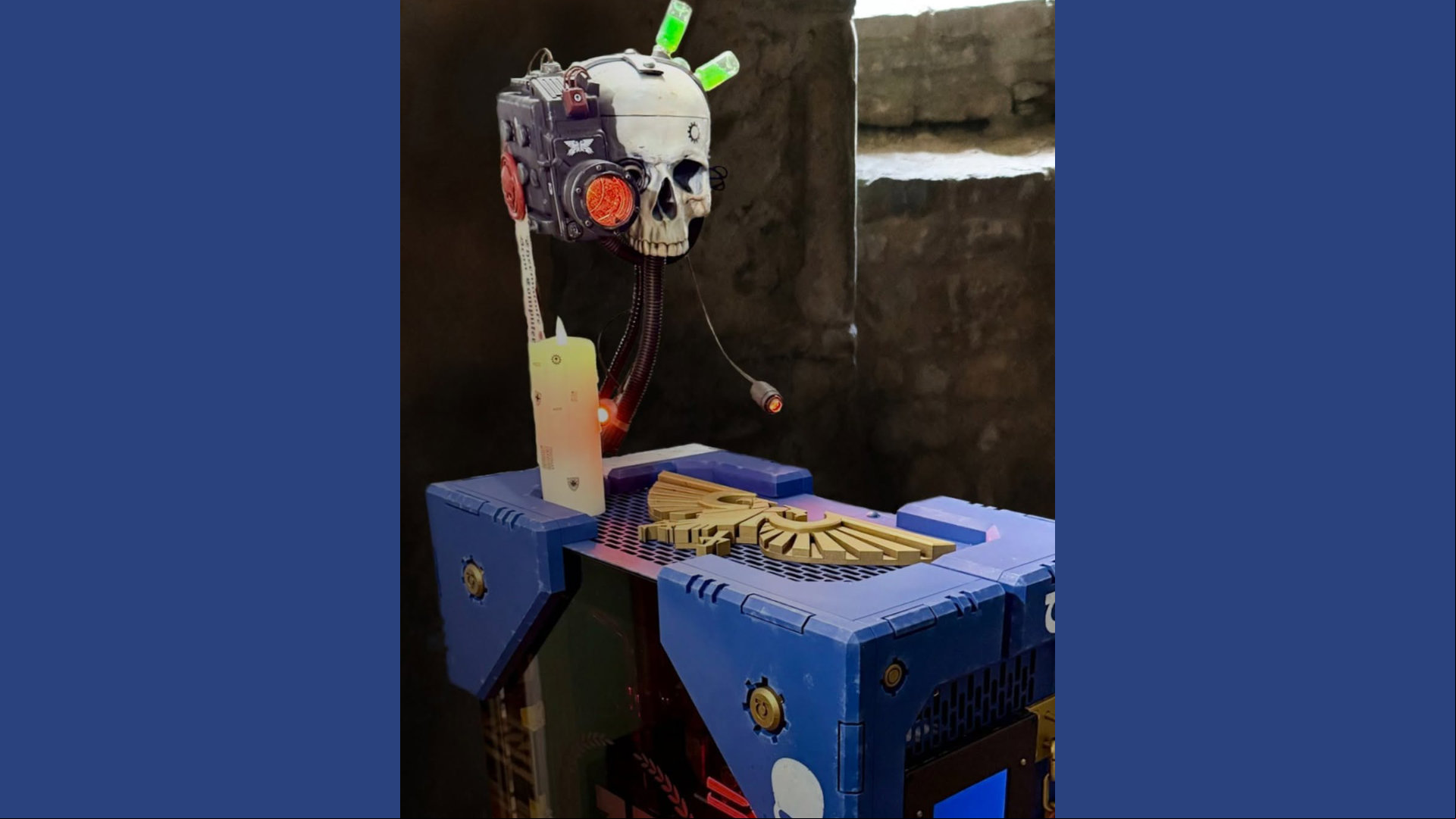 3D printed skull camera on top of the Thermaltake Warhammer 40K gaming PC build