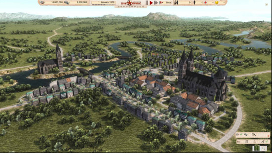 Workers & Resources Soviet Republic map DLC pack: An aerial view of Paris with the UI showing the status of the region.