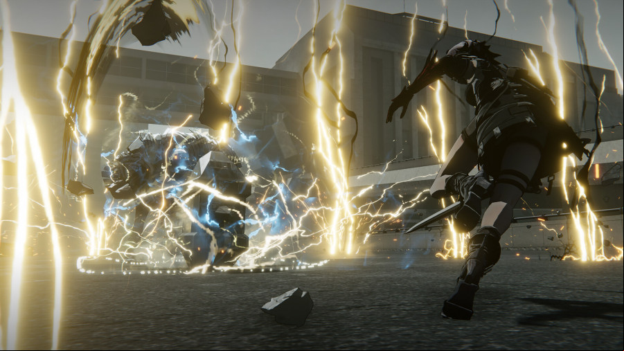 AI Limit: An anime girl with silver hair calls down lightning on a monster in a ruined warehouse area