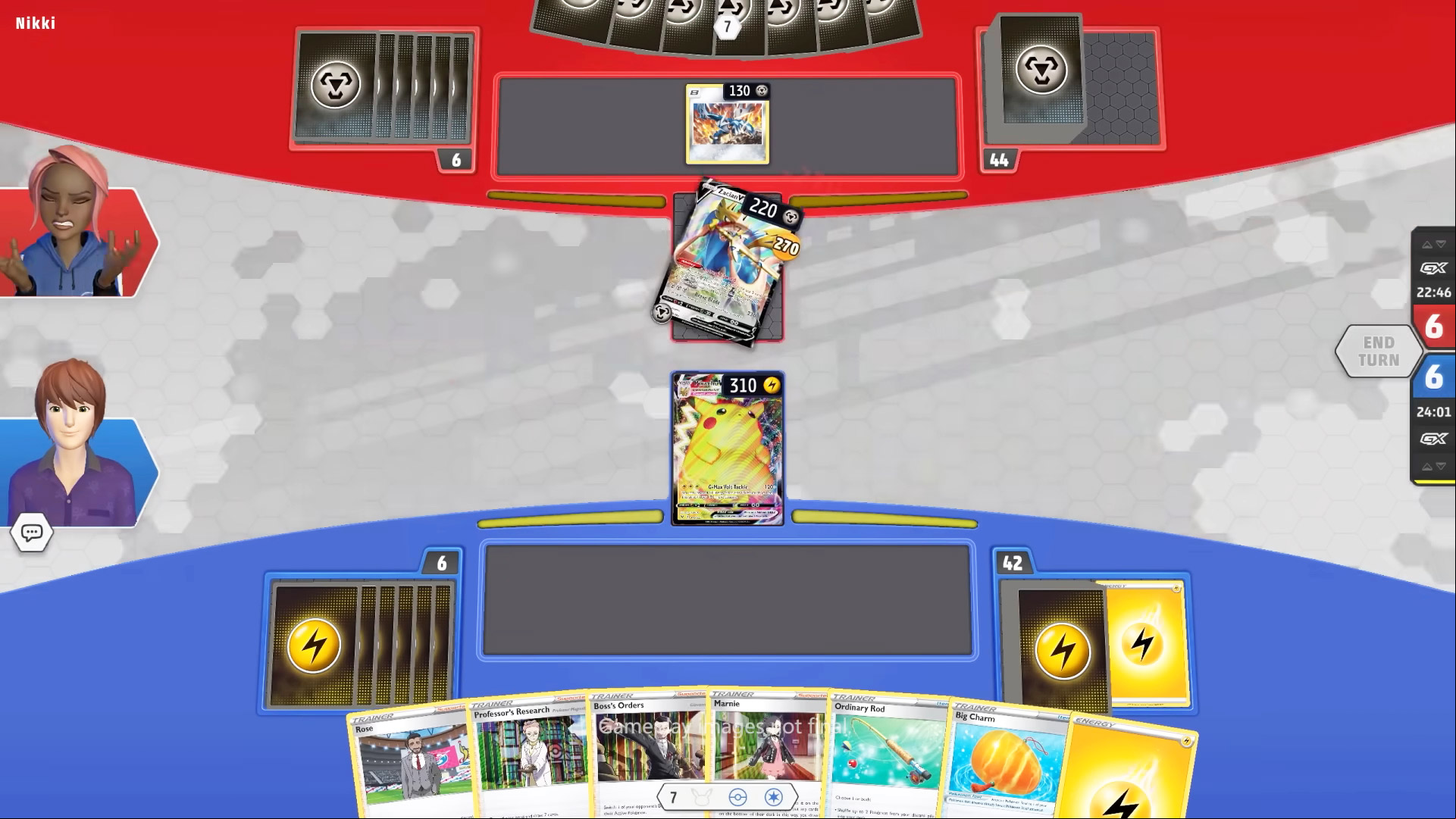 Best card games: a Pokémon card battle taking place, featuring Pikachu and Zacian