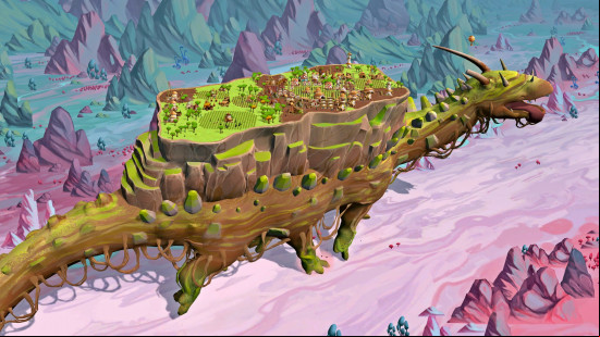 Best city building games: An aerial view of the nomadic village on the back of Unbo, the colossal creature in The Wandering Village.