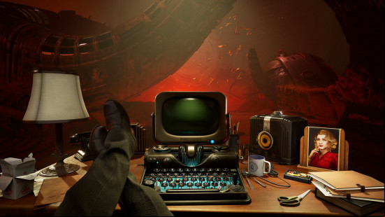 Best detective games: a man's legs rest on a desk populated with a PC and a picture of a woman