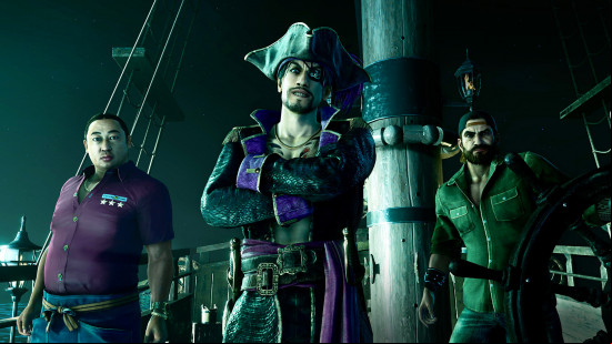 Best pirate games: Like a Dragon Yakuza in Hawaii's Goro Majima in a piratey get-up, flanked by two crew