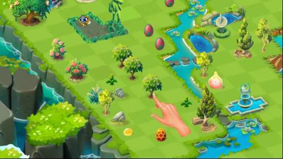Best relaxing games: Merge Gardens. Image shows the game's garden and a hand moving stuff around.