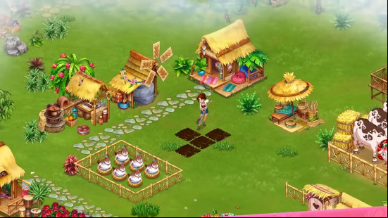 Best relaxing games: Taonga: The Island Farm. Image shows a farmer preparing the earth for crops while chickens sit in a coop nearby.
