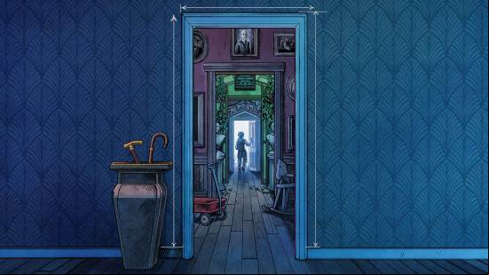 Best indie games: a blue wall with a doorframe, the door is open and in the distance we see a small boy opening another door.