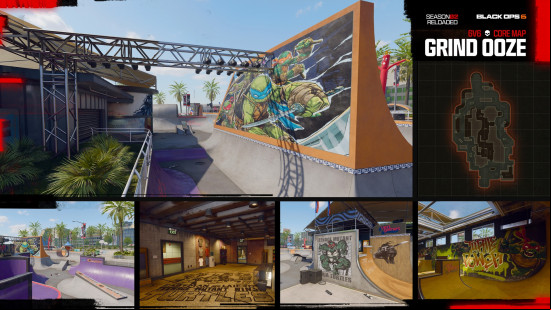 The half-pipes and indoor spaces of Grind Ooze, one of the BO6 maps.