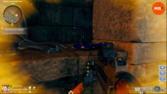 Black Ops 6 Zombies The Tomb easter egg song: A pair of Mr Meeks headphones at the feet of a statue in the shrine of the Hierophants.