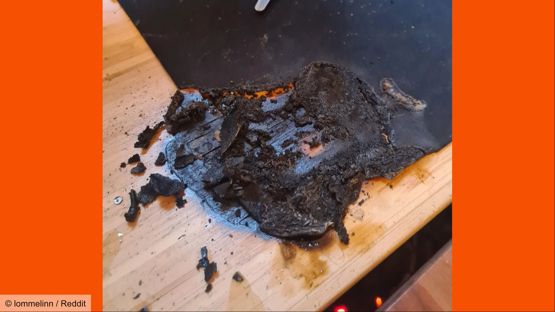 Damage to the table allegedly caused by the burned out Gigabyte gaming mouse