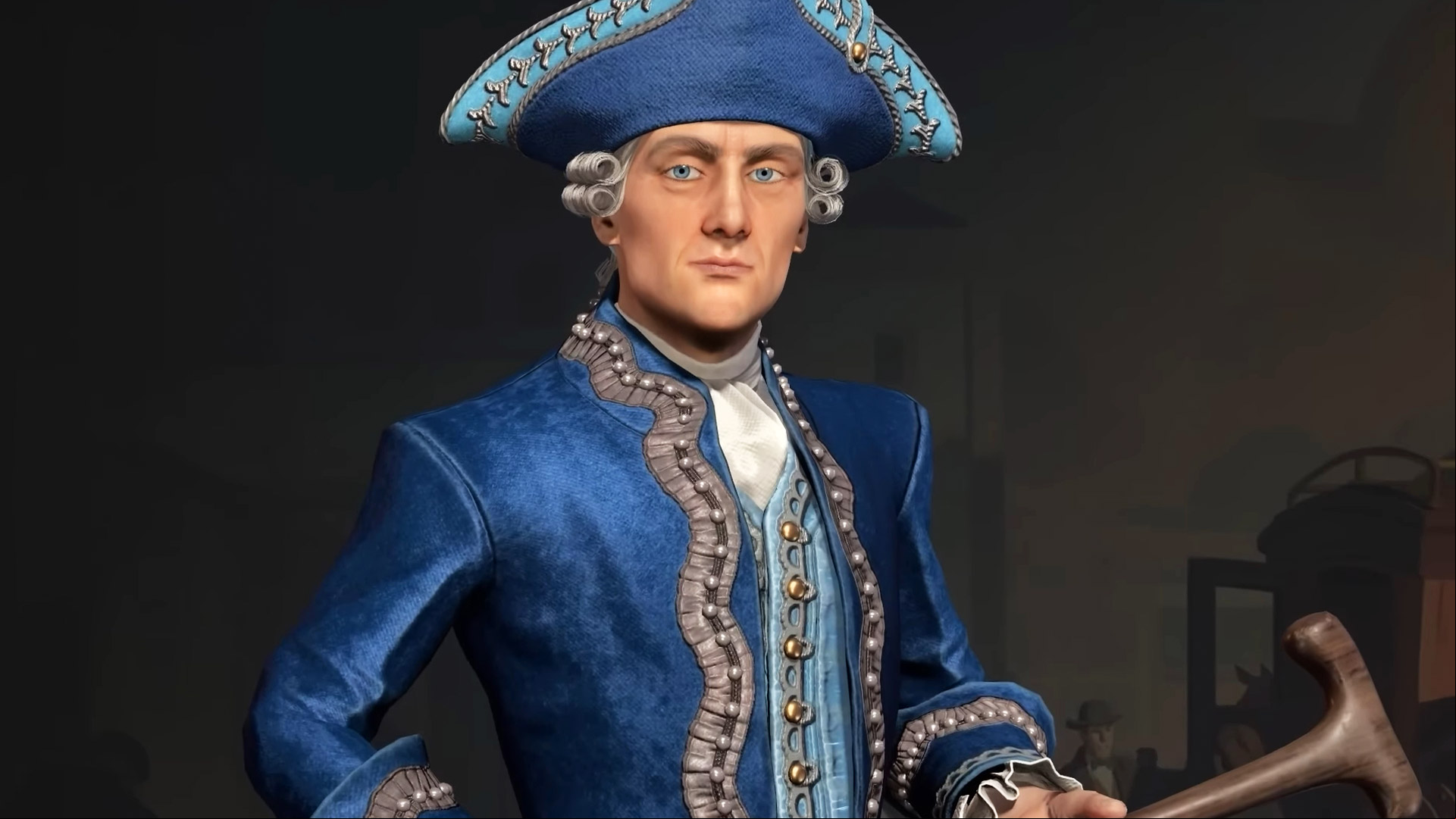 Civilization 7 leaders: Friedrich in his blue Baroque attire