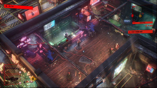 A man in a detective's outfit stands in a grimy bar