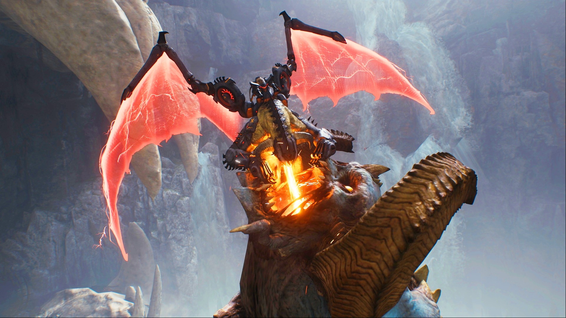 Doom The Dark Ages versus Doom Eternal: A dragon spitting fire into the mouth of an enemy in id Software and Bethesda FPS game Doom The Dark Ages
