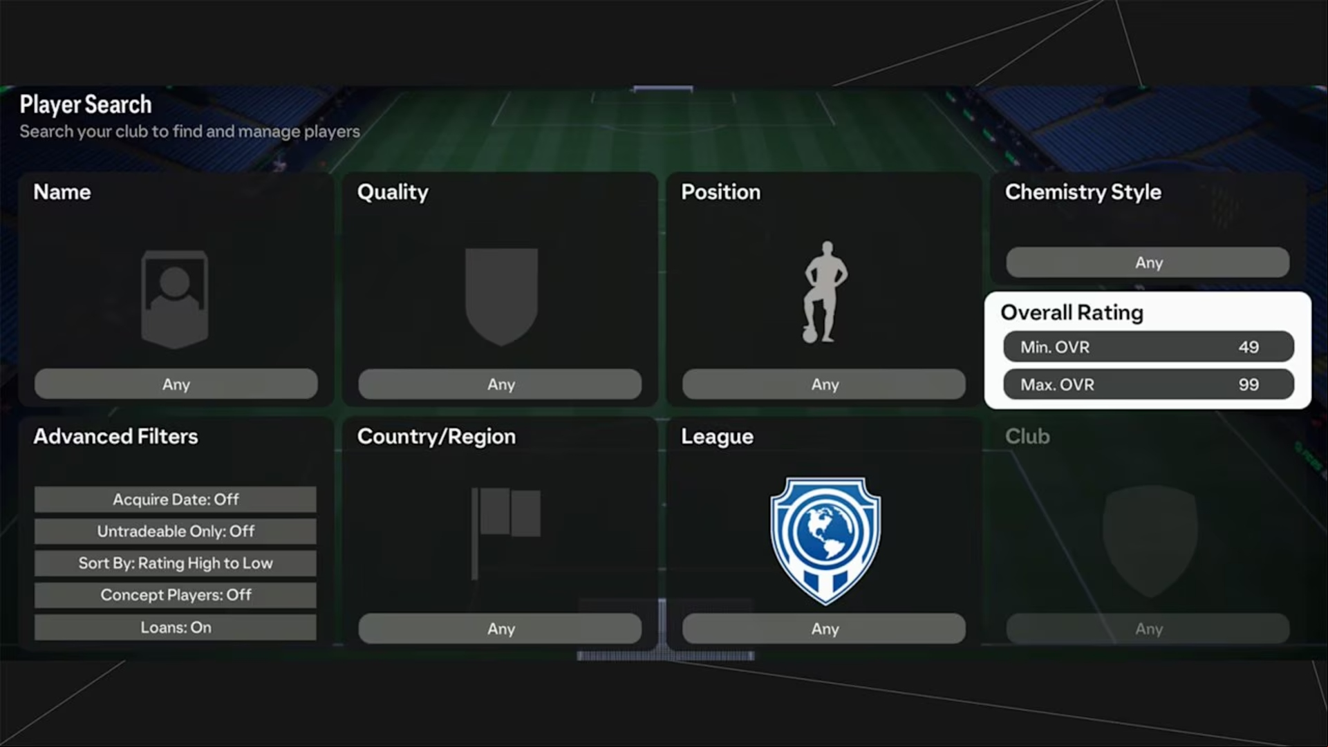 FC 25: A screenshot of the player search menu in EA FC 25