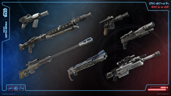 A range of new Fortnite weapons, all blasters, available during the Galactic Battle season.