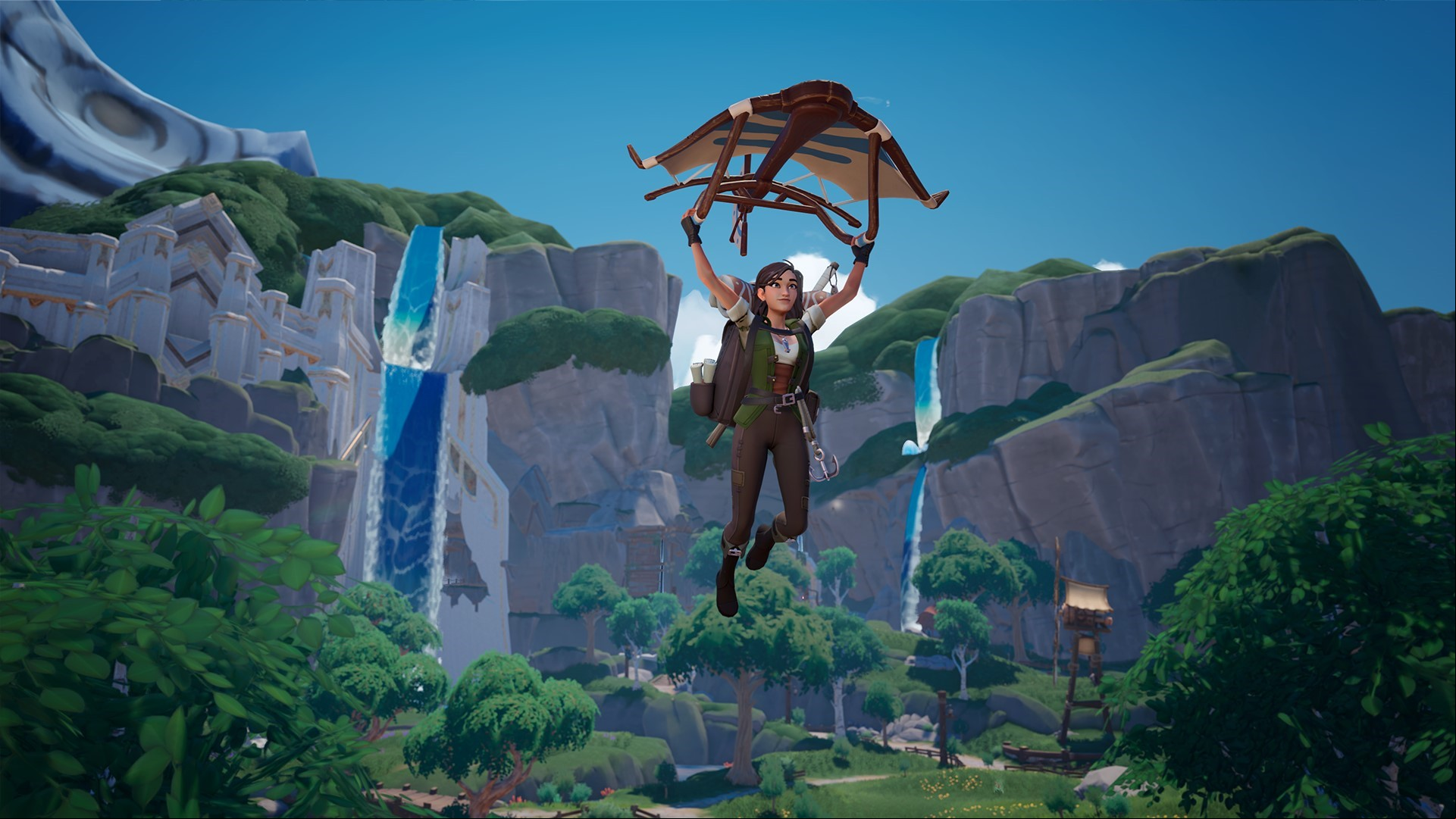 Free MMOs: Palia. Image shows the player flying through the air with a glider.