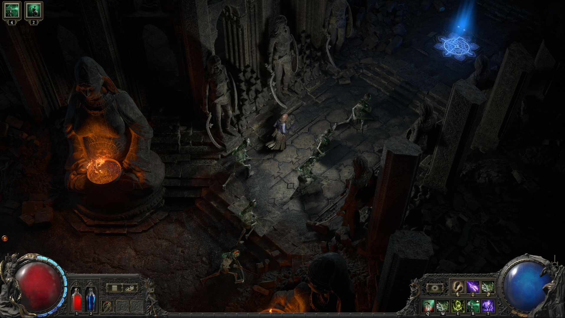 Free MMOs: Path of Exile 2. Image shows adventurers exploring a dark dungeon with skeletons in it.