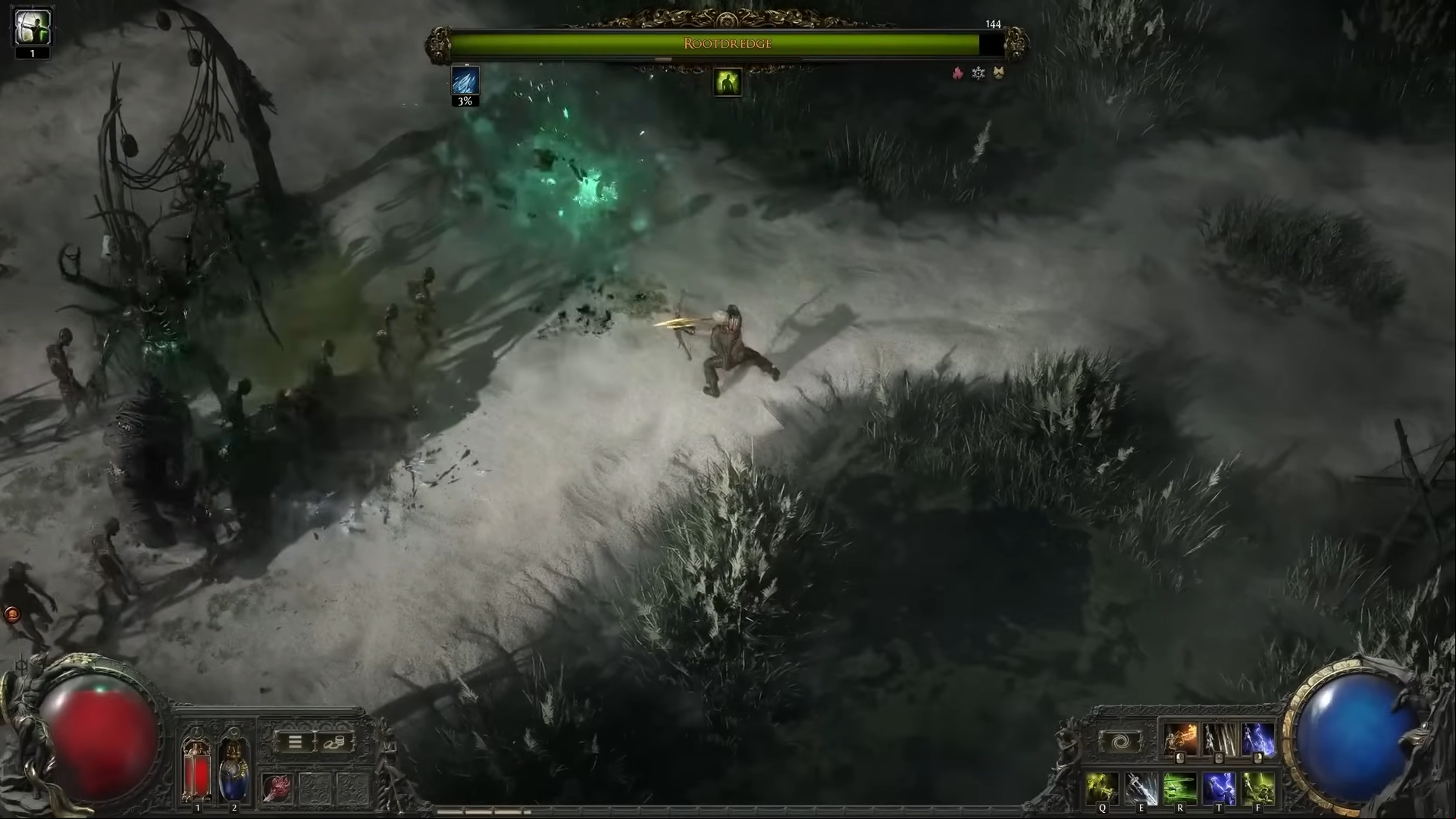 Free Steam games: Path of Exile 2. Image shows a person fighting against zombies with a crossbow in a dark landscape.