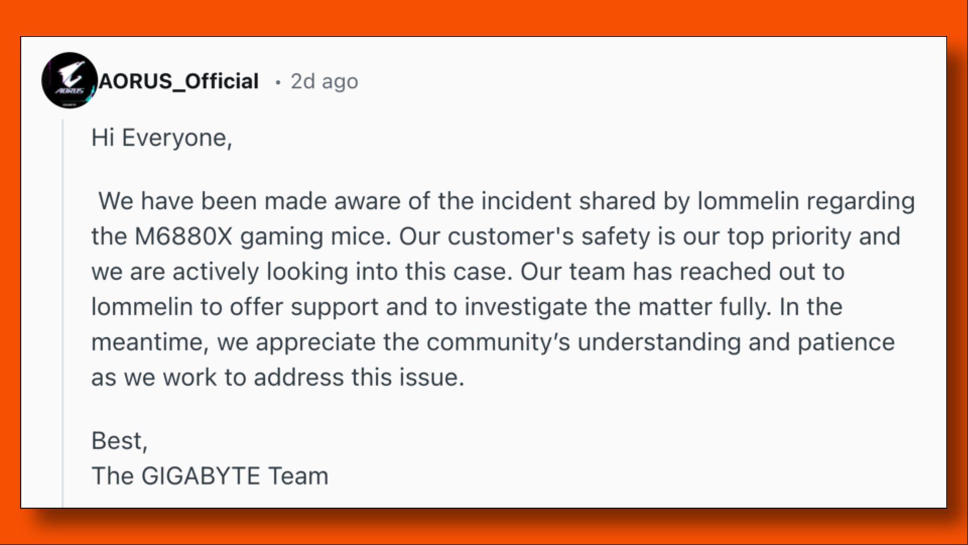 Gigabyte responds to the report of a burned out mouse