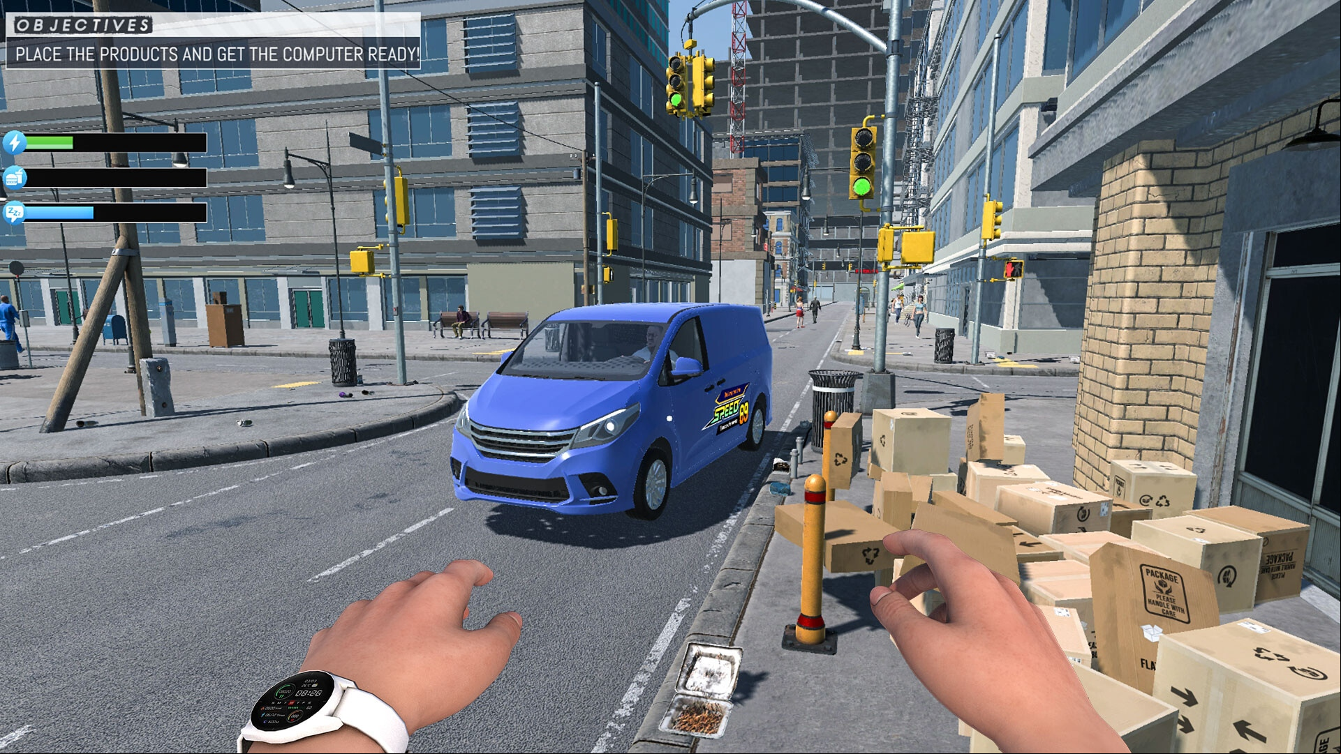 Grand Taking Ages: A first-person screenshot of someone looking at a blue minivan and a pile of boxes on a street corner