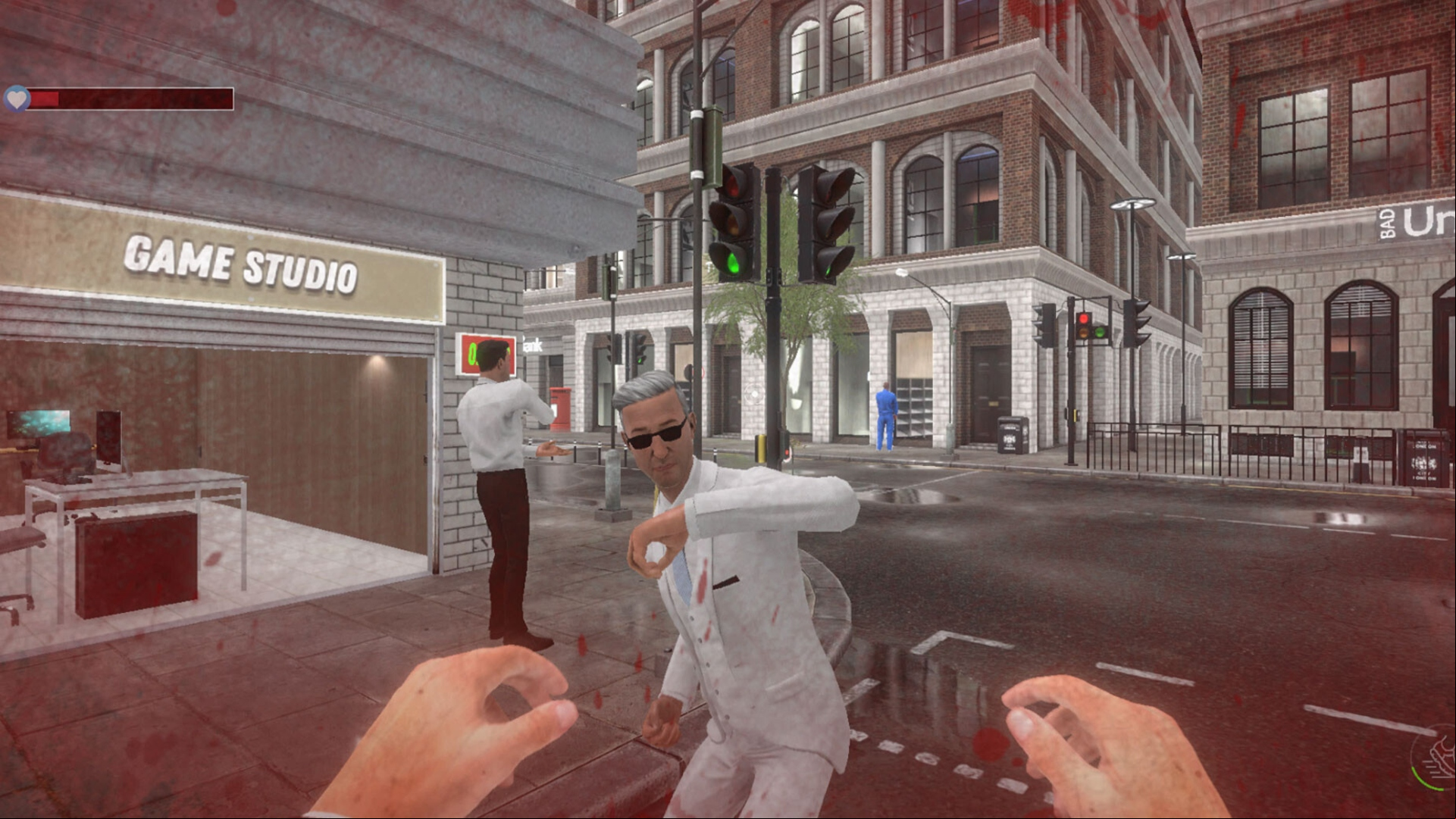 Grand Taking Ages: A first-person screenshot of a man in a white suit winding up a punch